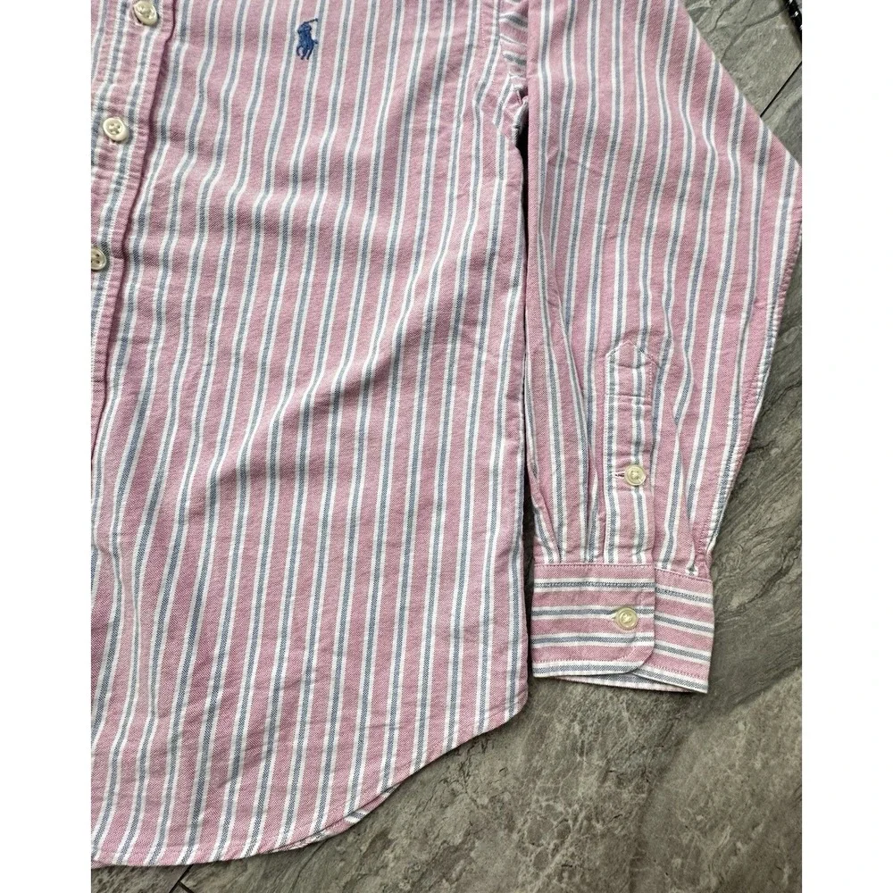 Ralph Lauren Boys Size M 12/14 Pink Blue Striped Oxford Button Down Shirt